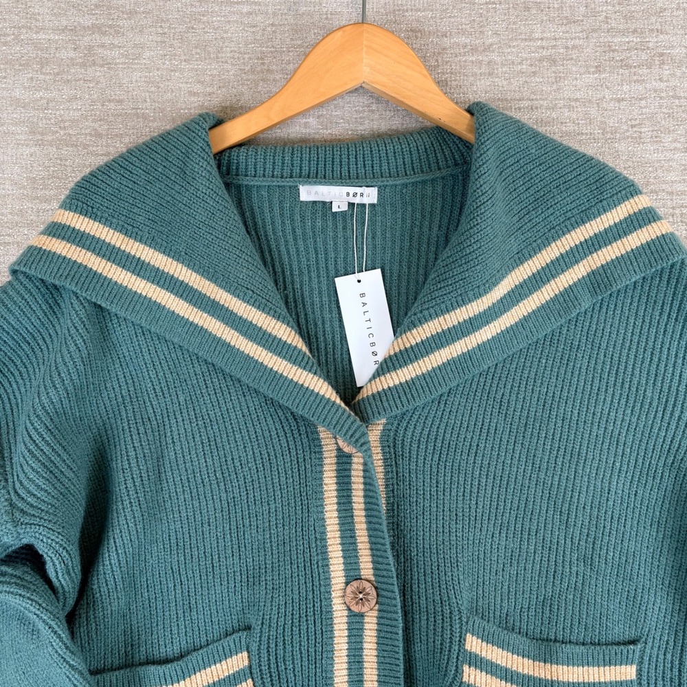 NEW Baltic Born Corbett Knit Cardigan Womens L Jade Green Varsity Stripe Sweater